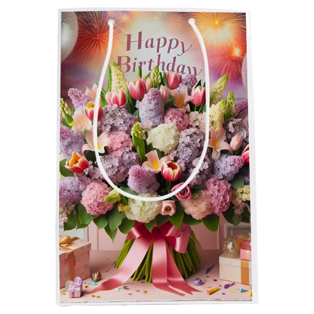 Happy Birthday, lilac bouquet, by Natasha Us   Medium Gift Bag (Front)