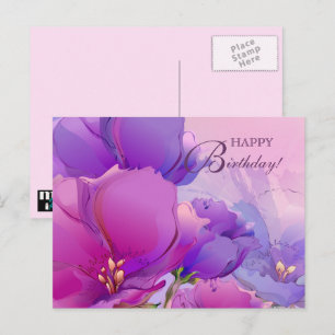 Happy Birthday. Lilac Pink Watercolor Floral  Postcard