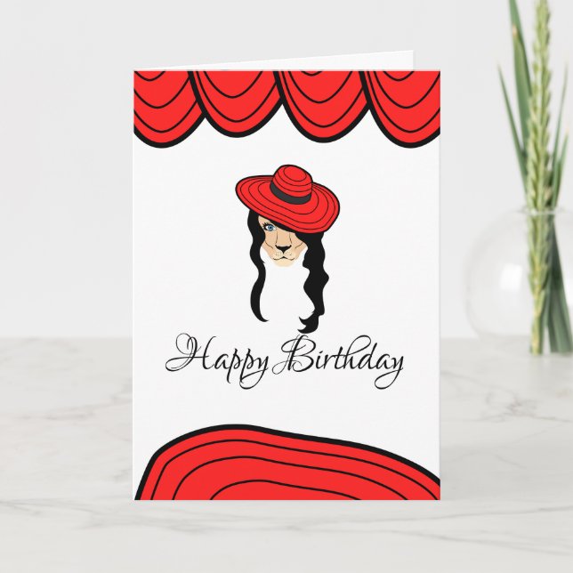 happy birthday  lion red hat long black hair card (Front)