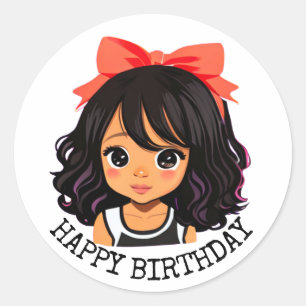 Happy Birthday   Little Cartoon Girl Classic Round Sticker