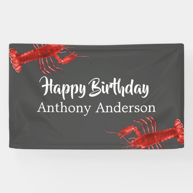 Happy Birthday Lobster Themed Grey Fun Custom Banner (Horizontal)