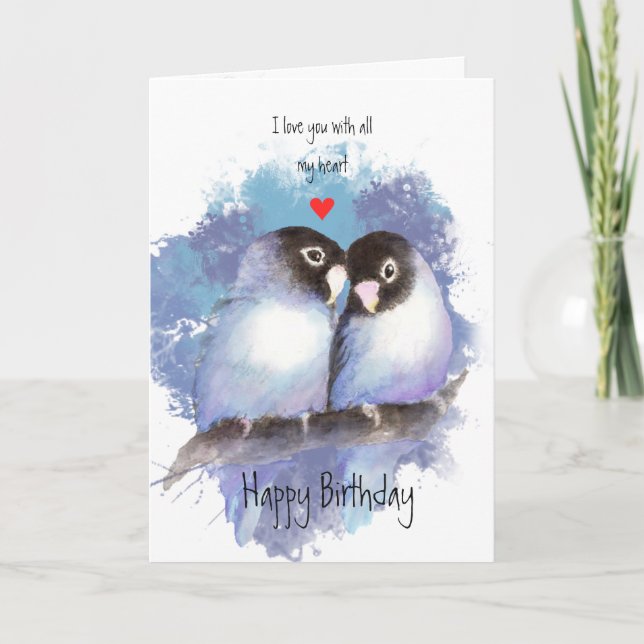 Happy Birthday Love Blue Lovebirds Bird Art Holiday Card (Front)