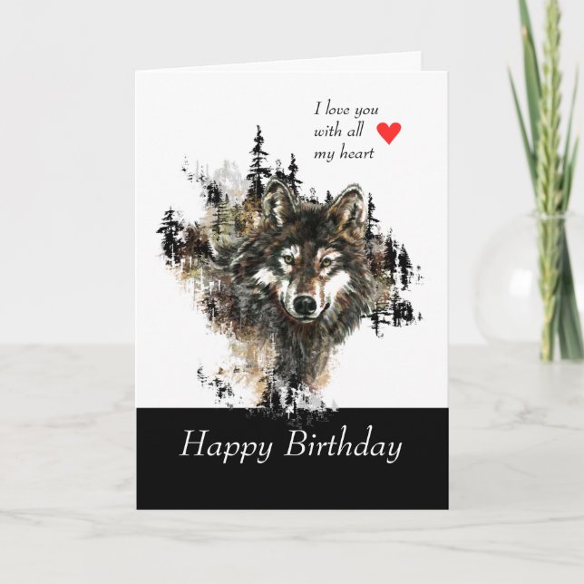 Happy Birthday Love Masculine Wolf Mountain Card (Front)