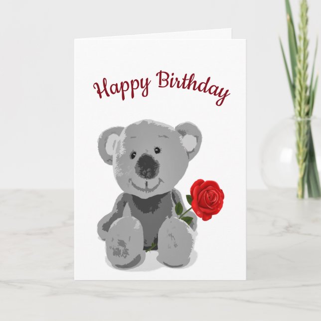 Happy Birthday Love You Cute Teddy Bear Rose Holiday Card (Front)