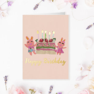 Happy Birthday Lovely Pink Bunnies with Cake Foil Greeting Card