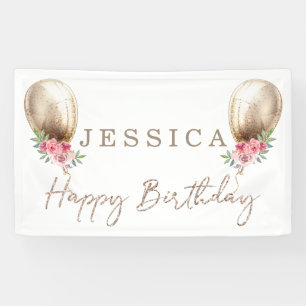 Happy Birthday Luxury Beige Balloon Glitter Banner