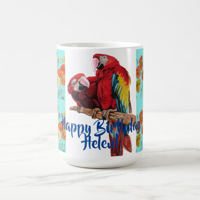 Happy Birthday Macaw Orange Poppy Womans Name Mug (Center)