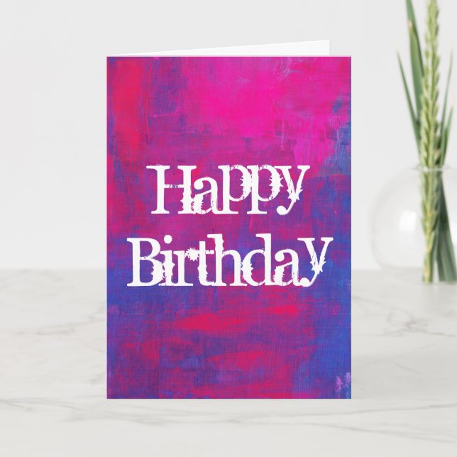 Happy Birthday Magenta and Blue Abstract Painting Card (Front)