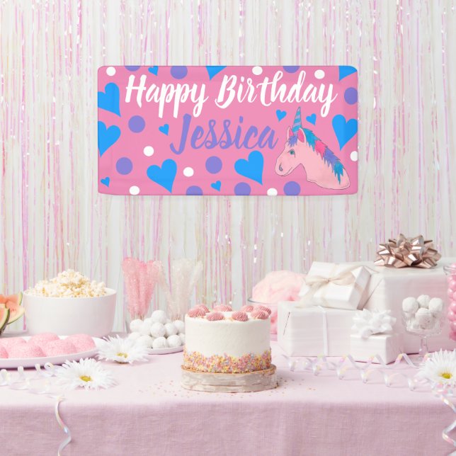 Happy Birthday Magical Pink Unicorn Horse Hearts Banner (Party)