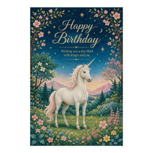 Happy Birthday Magical Unicorn Floral Garden Poster