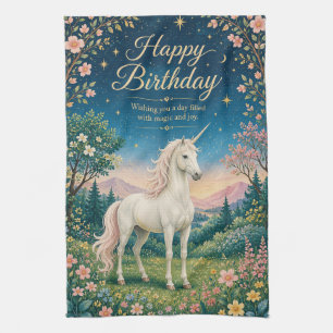 Happy Birthday Magical Unicorn Floral Garden Tea Towel