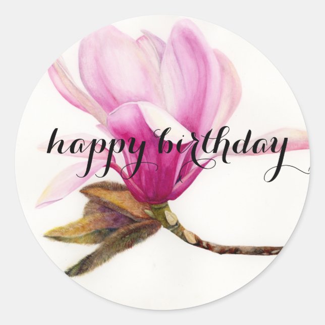 Happy Birthday: Magnolia Flower Classic Round Sticker (Front)