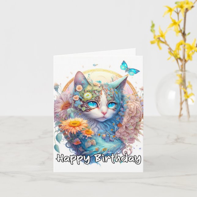 Happy Birthday Majestic Kitty Cat Design Card (Yellow Flower)