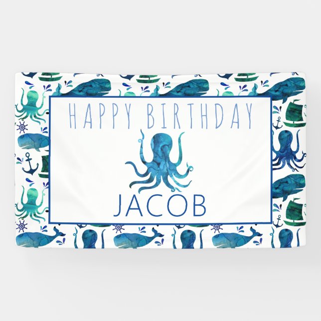 Happy Birthday Marine Nautical Octopus Ocean Kids Banner (Horizontal)