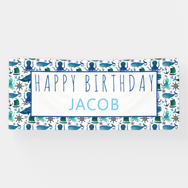 Happy Birthday Marine Nautical Under The Sea Kids Banner (Horizontal)