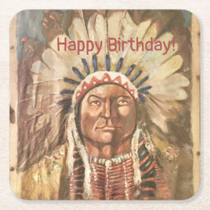 Happy Birthday Masculine Sitting Bull Square Paper Coaster