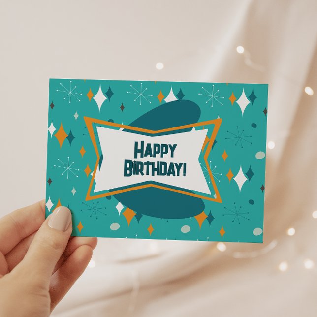 Happy Birthday, MCM Atomic Starburst Teal Postcard (Creator Uploaded)