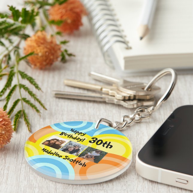 Happy Birthday Memories Photo Collage Key Ring (Front Right)