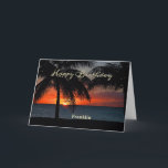 Happy Birthday Men Sunset Ocean Tropical Trees   Card<br><div class="desc">Happy Birthday Men Sunset Tropical Ocean Card has a brilliant orange glow sunset on the serene ocean. Replace information with yours and give to that special person in your life. Photograph by Denise Bennerson,  photographer</div>