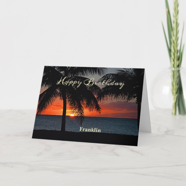 Happy Birthday Men Sunset Ocean Tropical Trees   Card (Front)