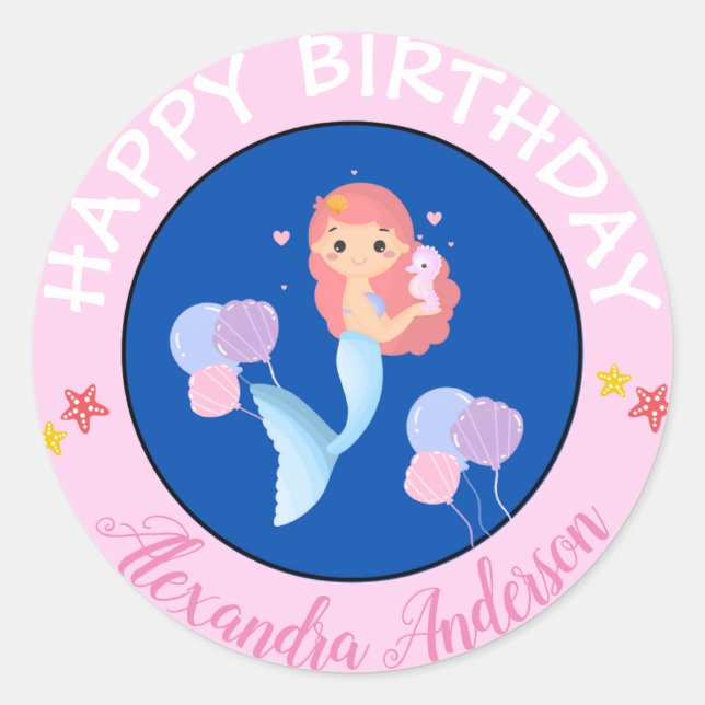 Happy Birthday Mermaid Name Baby Pink Classic Round Sticker (Front)