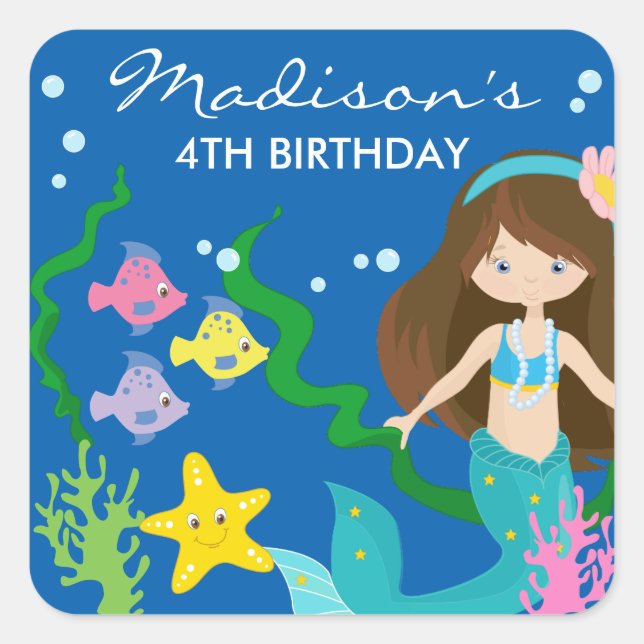 Happy Birthday Mermaid | Under The Sea Square Sticker (Front)