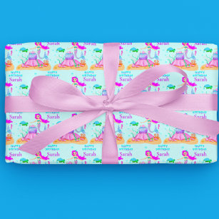 Happy Birthday Mermaid With Sea Turtle And Cake  Wrapping Paper