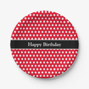 Happy Birthday Message Cute Polka Dot red & white Paper Plate