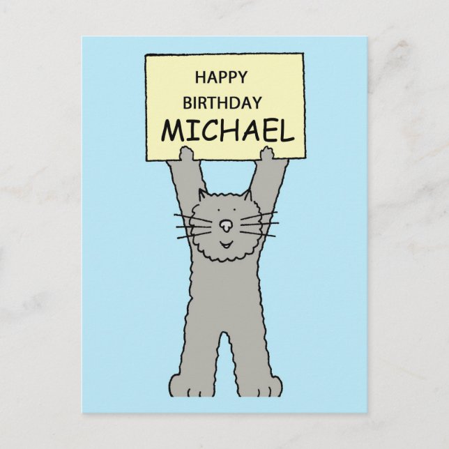 Happy Birthday Michael Cartoon Grey Cat Postcard (Front)