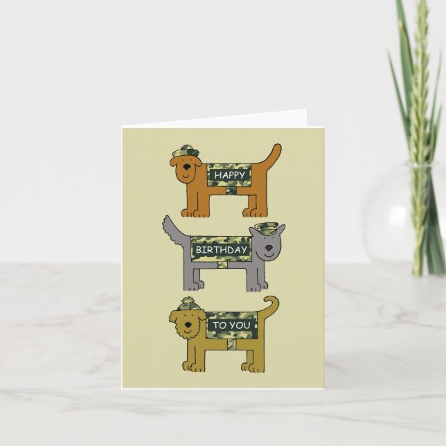 Happy Birthday Military Cartoon Dogs Wearing Camo Card (Front)