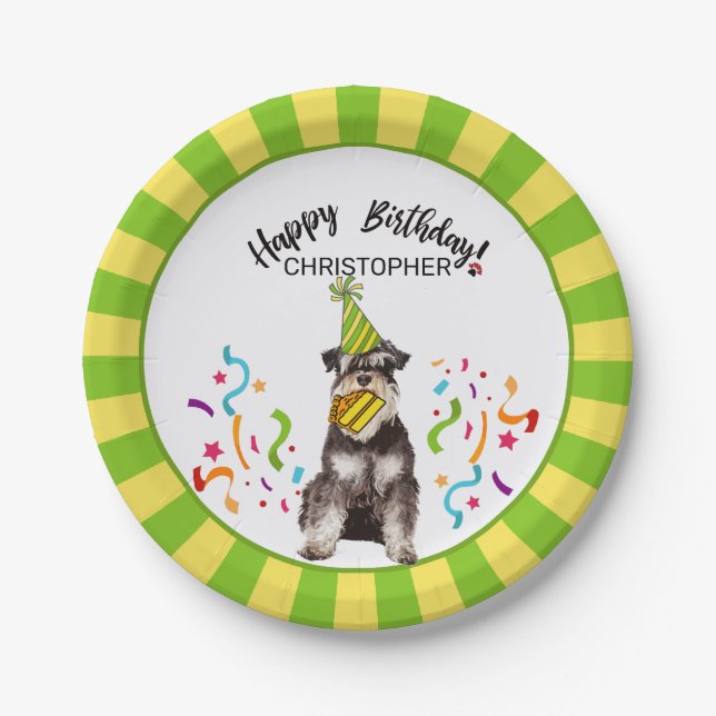 Happy Birthday Miniature Schnauzer  Dog Party Paper Plate (Front)