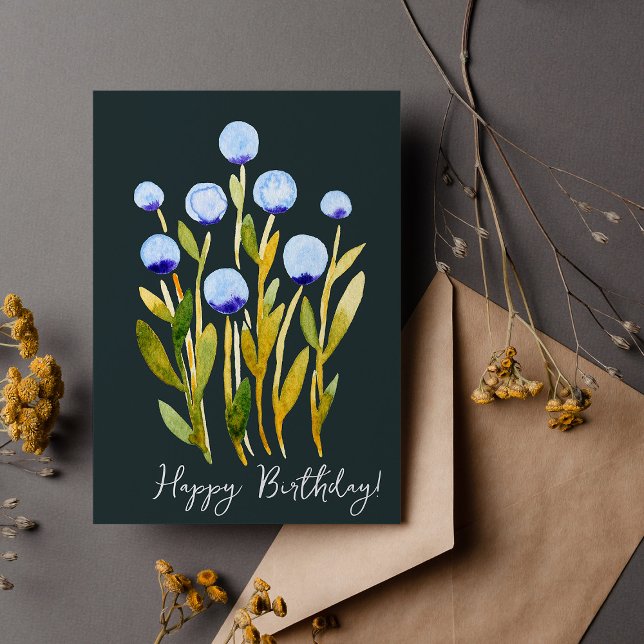 Happy Birthday minimal blue watercolor flowers Card (Creator Uploaded)