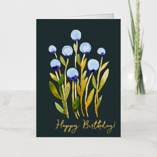 Happy Birthday minimal blue watercolor flowers Foil Holiday Card
