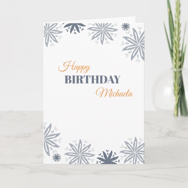 Happy Birthday Minimalist Grey Orange Floral Card (Front)