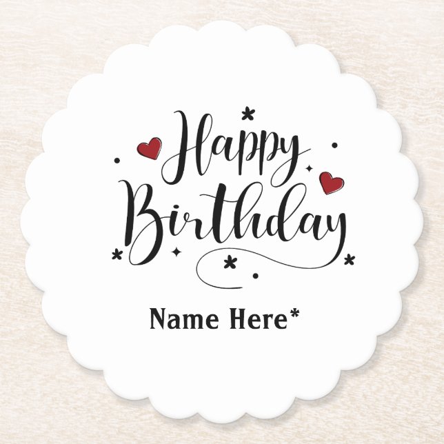 Happy Birthday  Minimalist Typography Calligraphy  Paper Coaster (Front)