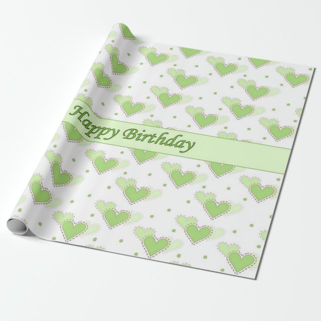 Happy Birthday Mint Green Hearts Wrap Paper (Unrolled)