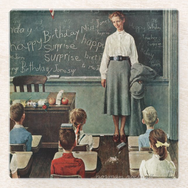 Happy Birthday, Miss Jones by Norman Rockwell Glass Coaster (Front)