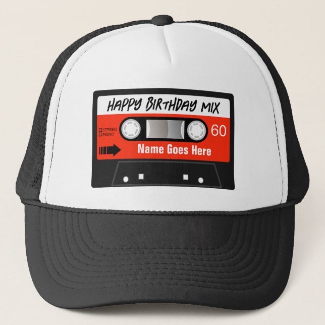Happy Birthday Mixtape Red Cassette Customised Trucker Hat (Front)