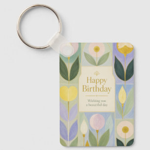Happy Birthday Modern Botanical Flowers in Pastel Key Ring