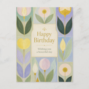 Happy Birthday Modern Botanical Flowers in Pastel Postcard