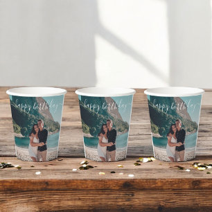 Happy Birthday Modern Calligraphy Photo Paper Cups