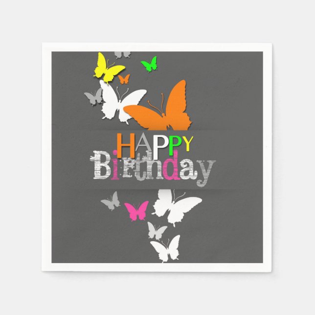 Happy Birthday Modern Colourful Neon Butterflies Napkin (Front)
