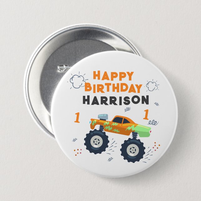 Happy Birthday Modern Monster Car Trucks Name  7.5 Cm Round Badge (Front & Back)