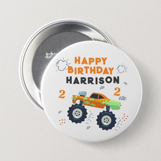 Happy Birthday Modern Monster Car Trucks Name  7.5 Cm Round Badge (Front & Back)