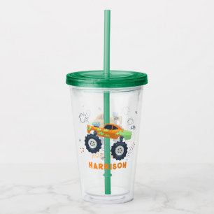 Happy Birthday Modern Monster Car Trucks Name  Acrylic Tumbler
