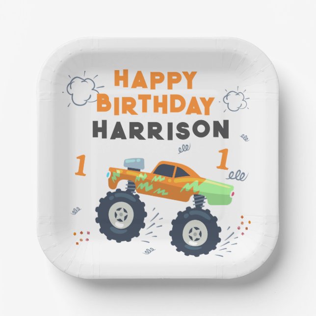 Happy Birthday Modern Monster Car Trucks Name  Paper Plate (Front)