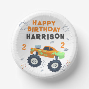 Happy Birthday Modern Monster Car Trucks Name  Paper Plate