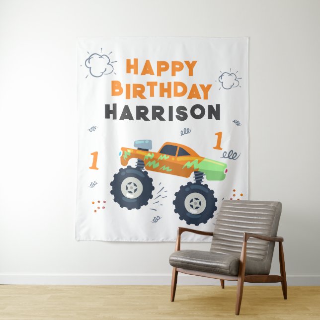 Happy Birthday Modern Monster Car Trucks Name  Tapestry (In Situ)