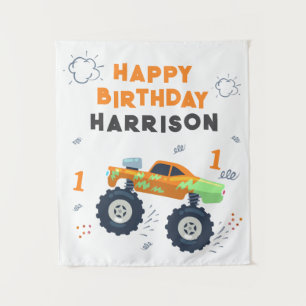 Happy Birthday Modern Monster Car Trucks Name  Tapestry
