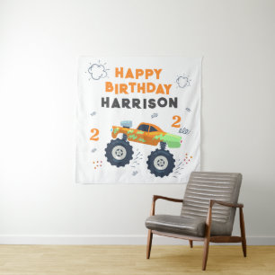 Happy Birthday Modern Monster Car Trucks Name  Tapestry